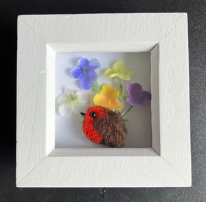 ROBIN ON COLOURFUL FLOWERS..." Needle Felting Robin picture