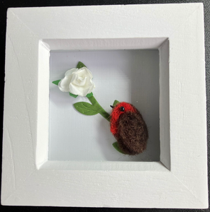 ROBIN ON A WHITE ROSE..." Needle Felting Robin picture